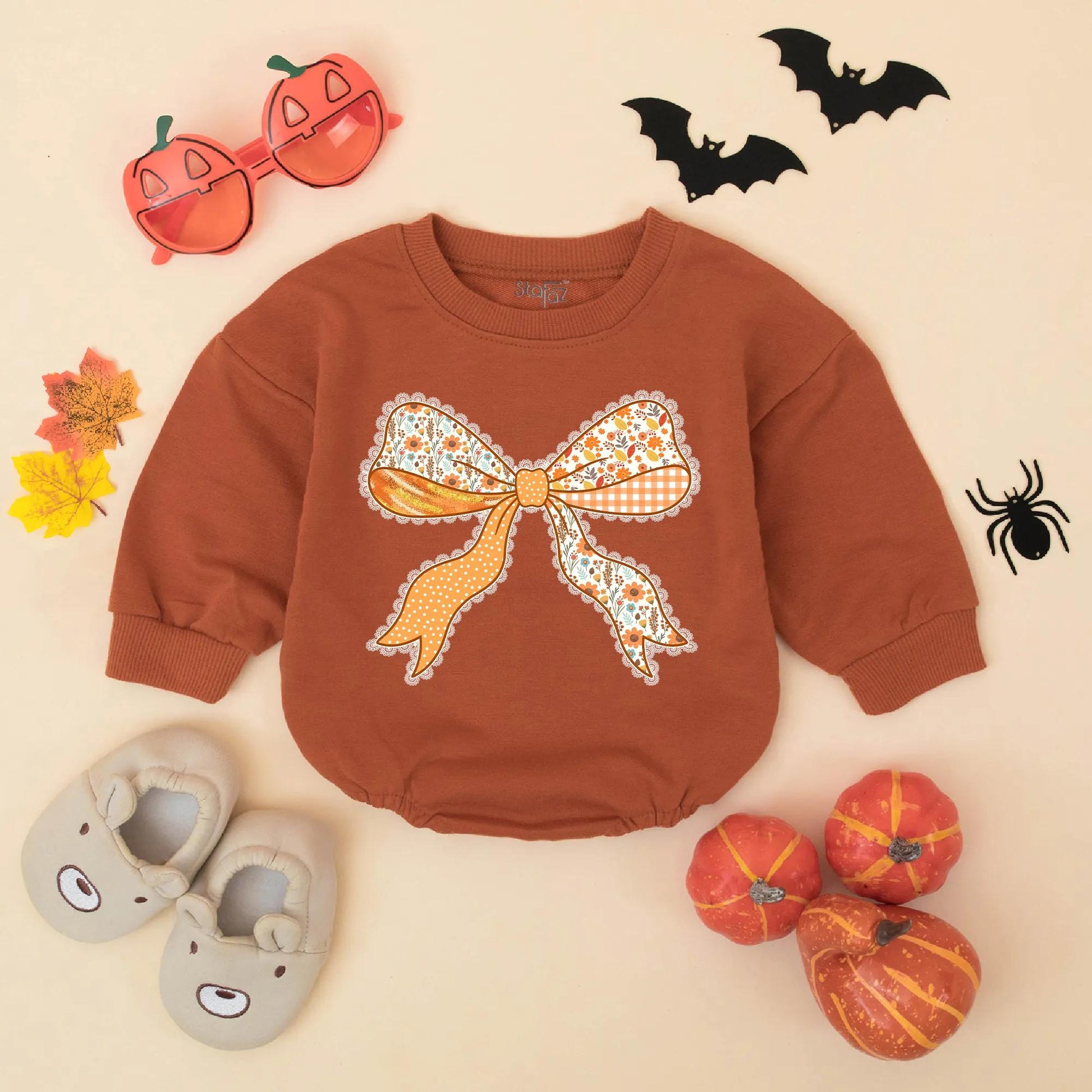 Fall Baby Girl Romper with Cute Thanksgiving Bow Outfit Autumn Bodysuit Orange White Brown Floral Polka Dot Gingham Lace Design My First Thanksgiving Baby Gift