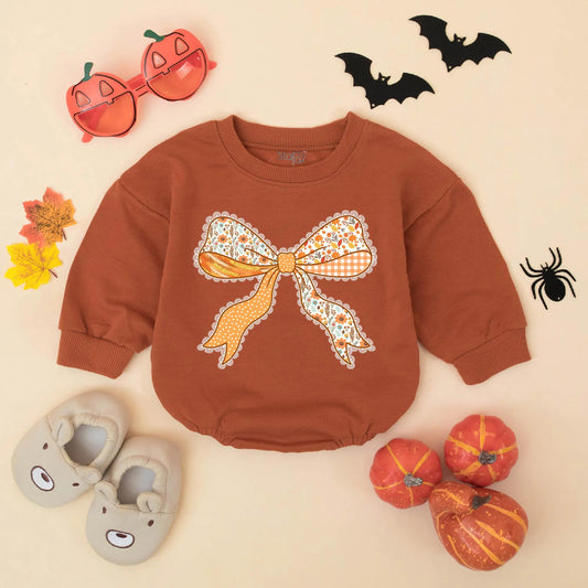 Fall Baby Girl Romper with Cute Thanksgiving Bow Outfit Autumn Bodysuit Orange White Brown Floral Polka Dot Gingham Lace Design My First Thanksgiving Baby Gift