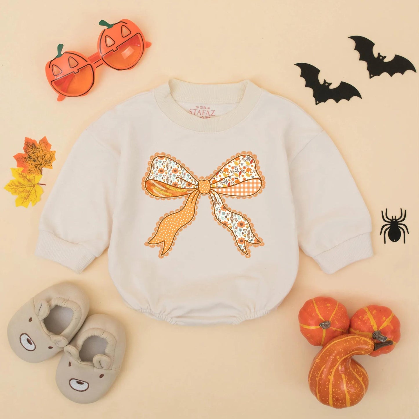 Fall Baby Girl Romper with Cute Thanksgiving Bow Outfit Autumn Bodysuit Orange White Brown Floral Polka Dot Gingham Lace Design My First Thanksgiving Baby Gift