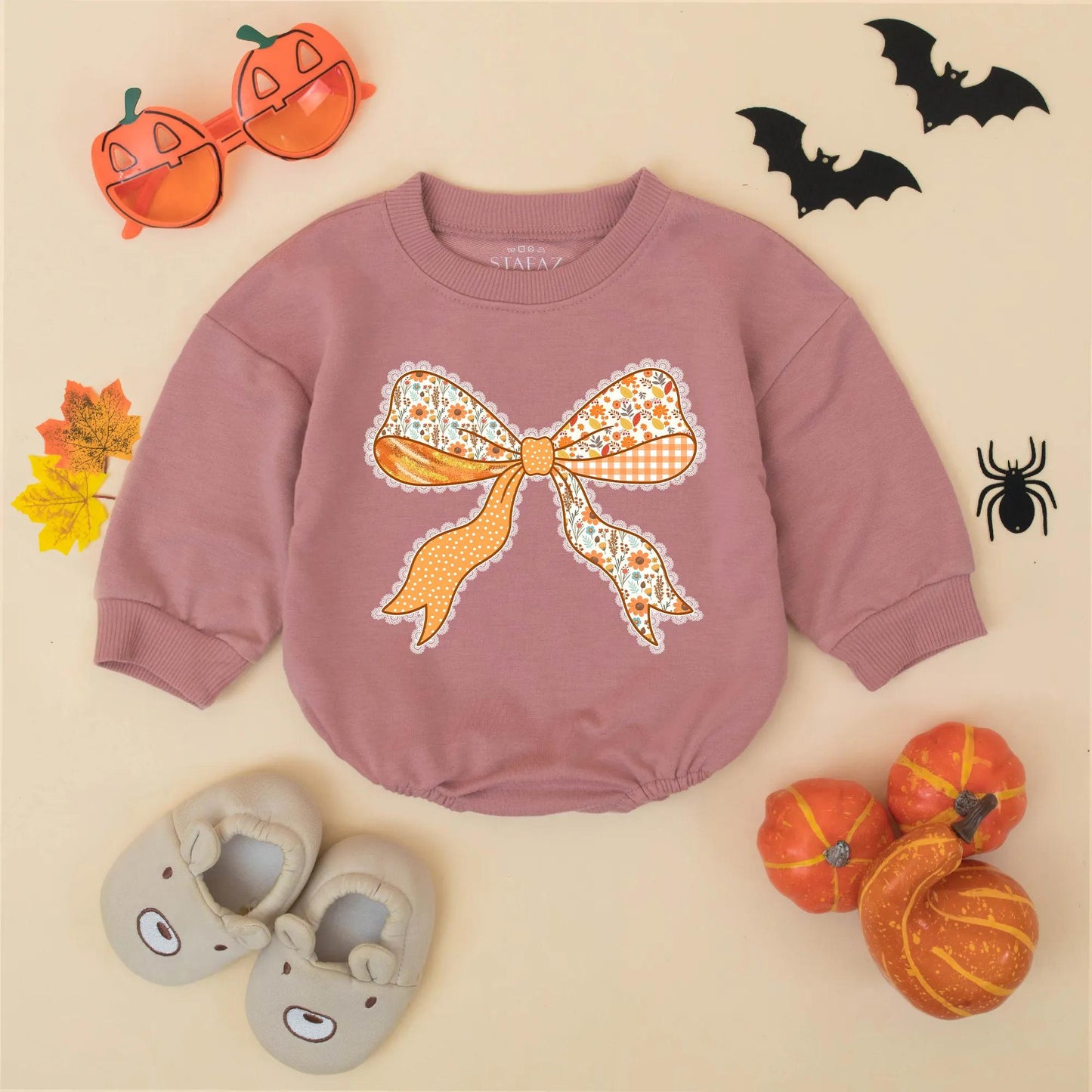 Fall Baby Girl Romper with Cute Thanksgiving Bow Outfit Autumn Bodysuit Orange White Brown Floral Polka Dot Gingham Lace Design My First Thanksgiving Baby Gift