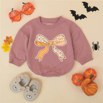 Fall Baby Girl Romper with Cute Thanksgiving Bow Outfit Autumn Bodysuit Orange White Brown Floral Polka Dot Gingham Lace Design My First Thanksgiving Baby Gift