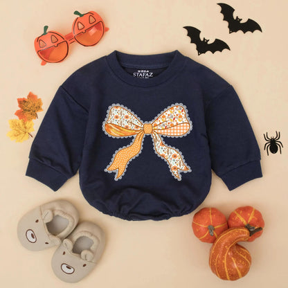 Fall Baby Girl Romper with Cute Thanksgiving Bow Outfit Autumn Bodysuit Orange White Brown Floral Polka Dot Gingham Lace Design My First Thanksgiving Baby Gift