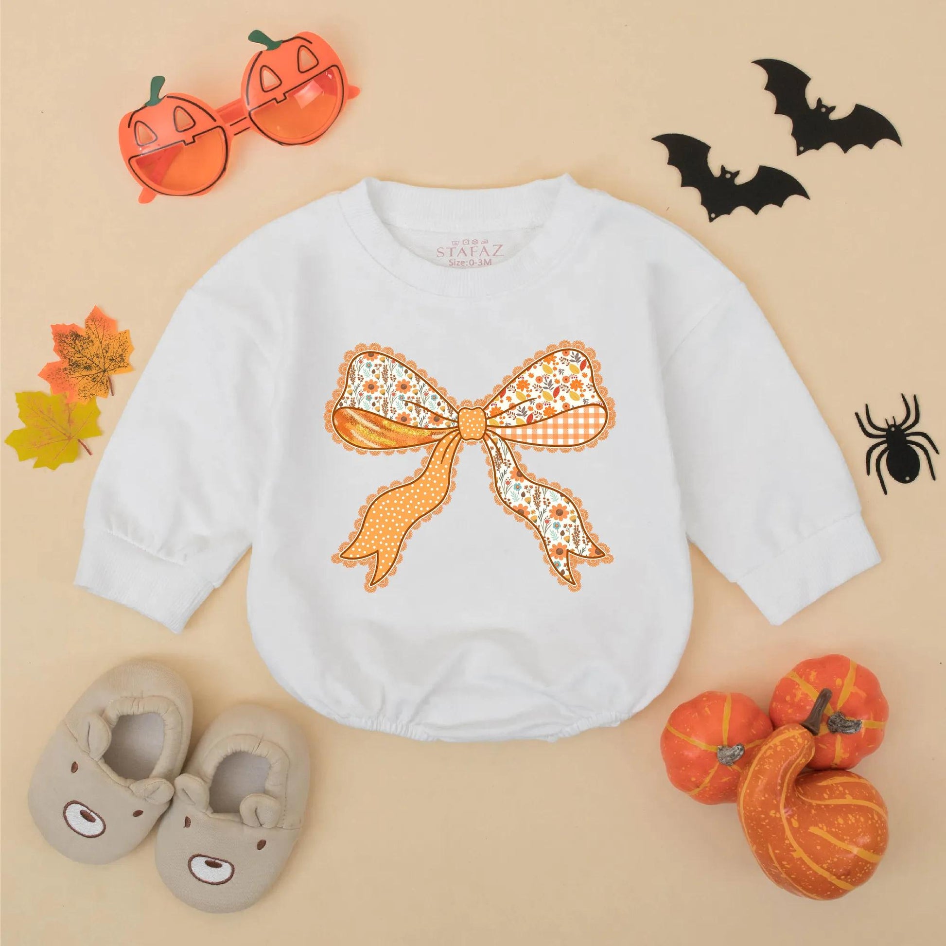 Fall Baby Girl Romper with Cute Thanksgiving Bow Outfit Autumn Bodysuit Orange White Brown Floral Polka Dot Gingham Lace Design My First Thanksgiving Baby Gift