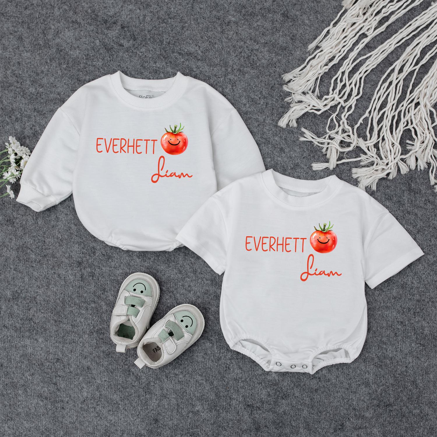 Everhett & Liam Tomato Baby Outfit, Personalized Name Romper, Cute Fruit Toddler Sweatshirt, Funny Matching Sibling Set, Custom Kids Shirt 138 chars