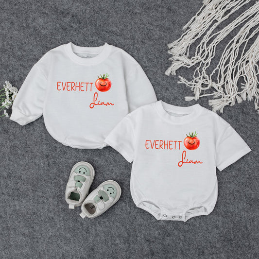 Everhett & Liam Tomato Baby Outfit, Personalized Name Romper, Cute Fruit Toddler Sweatshirt, Funny Matching Sibling Set, Custom Kids Shirt 138 chars