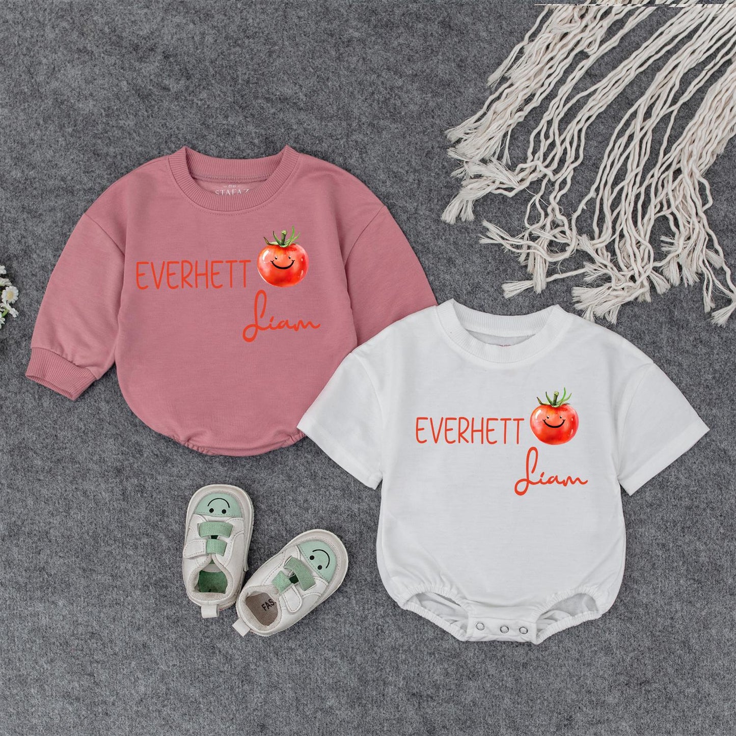 Everhett & Liam Tomato Baby Outfit, Personalized Name Romper, Cute Fruit Toddler Sweatshirt, Funny Matching Sibling Set, Custom Kids Shirt 138 chars