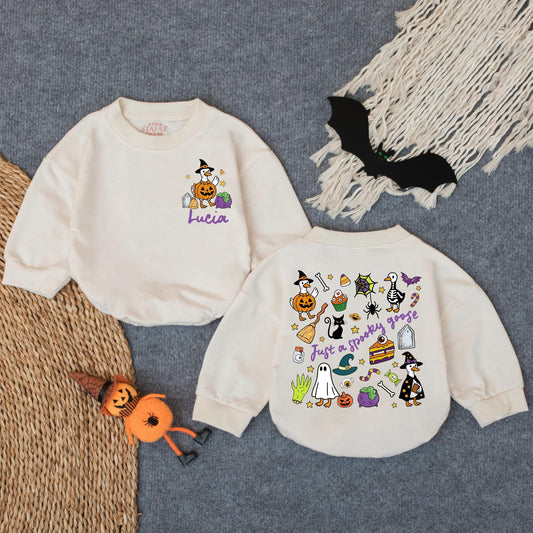 Spooky Goose Halloween Baby Romper "Just a Spooky Goose" Funny Witch Hat Costume Cute Fall Outfit Lucia Personalization Gift