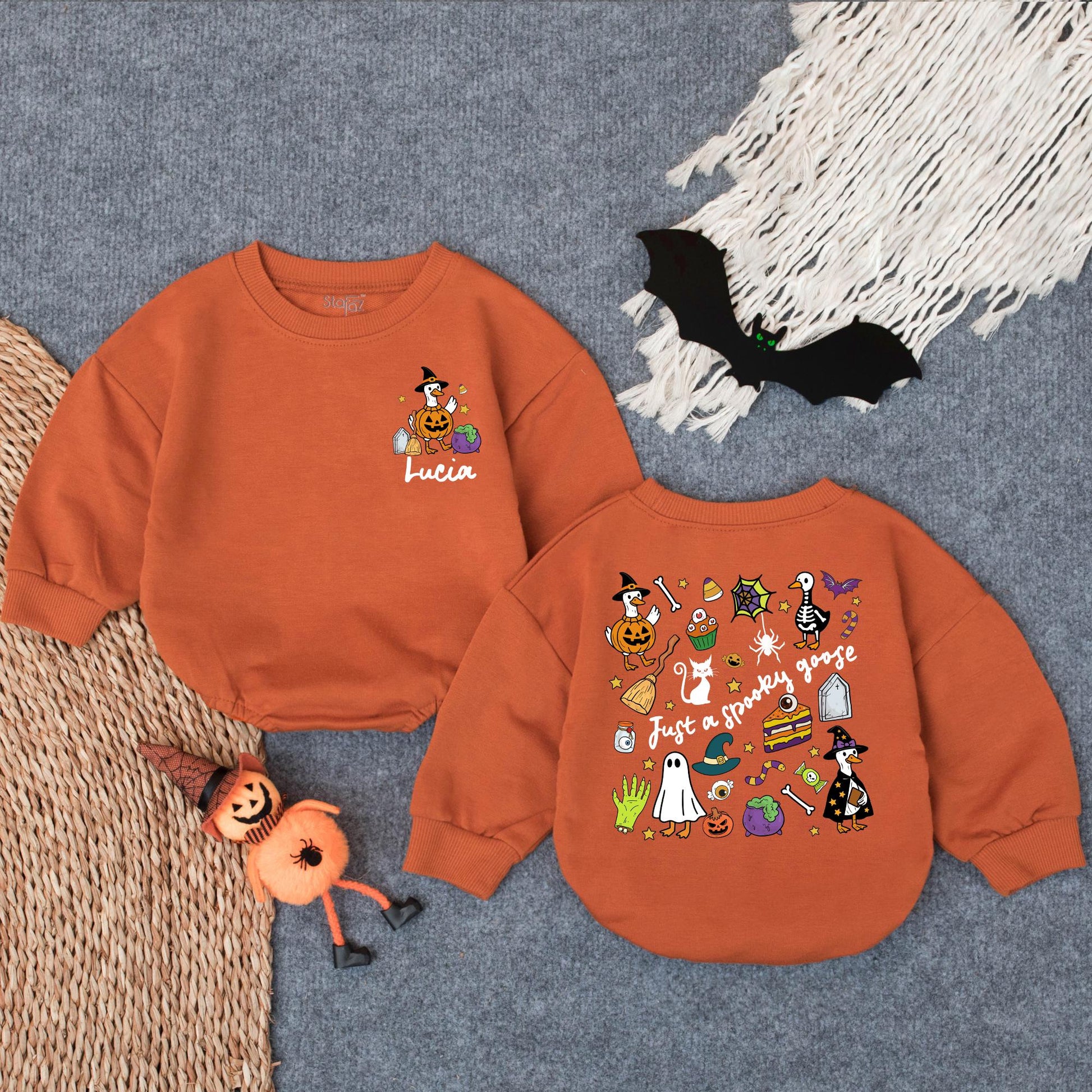 Spooky Goose Halloween Baby Romper "Just a Spooky Goose" Funny Witch Hat Costume Cute Fall Outfit Lucia Personalization Gift