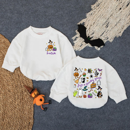 Spooky Goose Halloween Baby Romper "Just a Spooky Goose" Funny Witch Hat Costume Cute Fall Outfit Lucia Personalization Gift