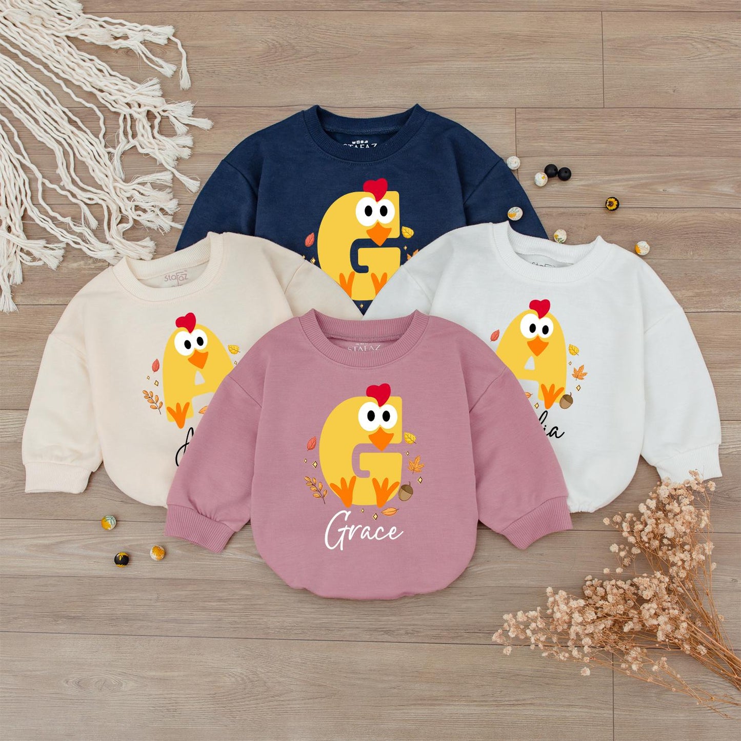 Amelia & Grace Personalized Baby Chick Fall Shirt, Thanksgiving Toddler Tee, Cute Yellow Autumn Outfit, Matching Family Fall Photo