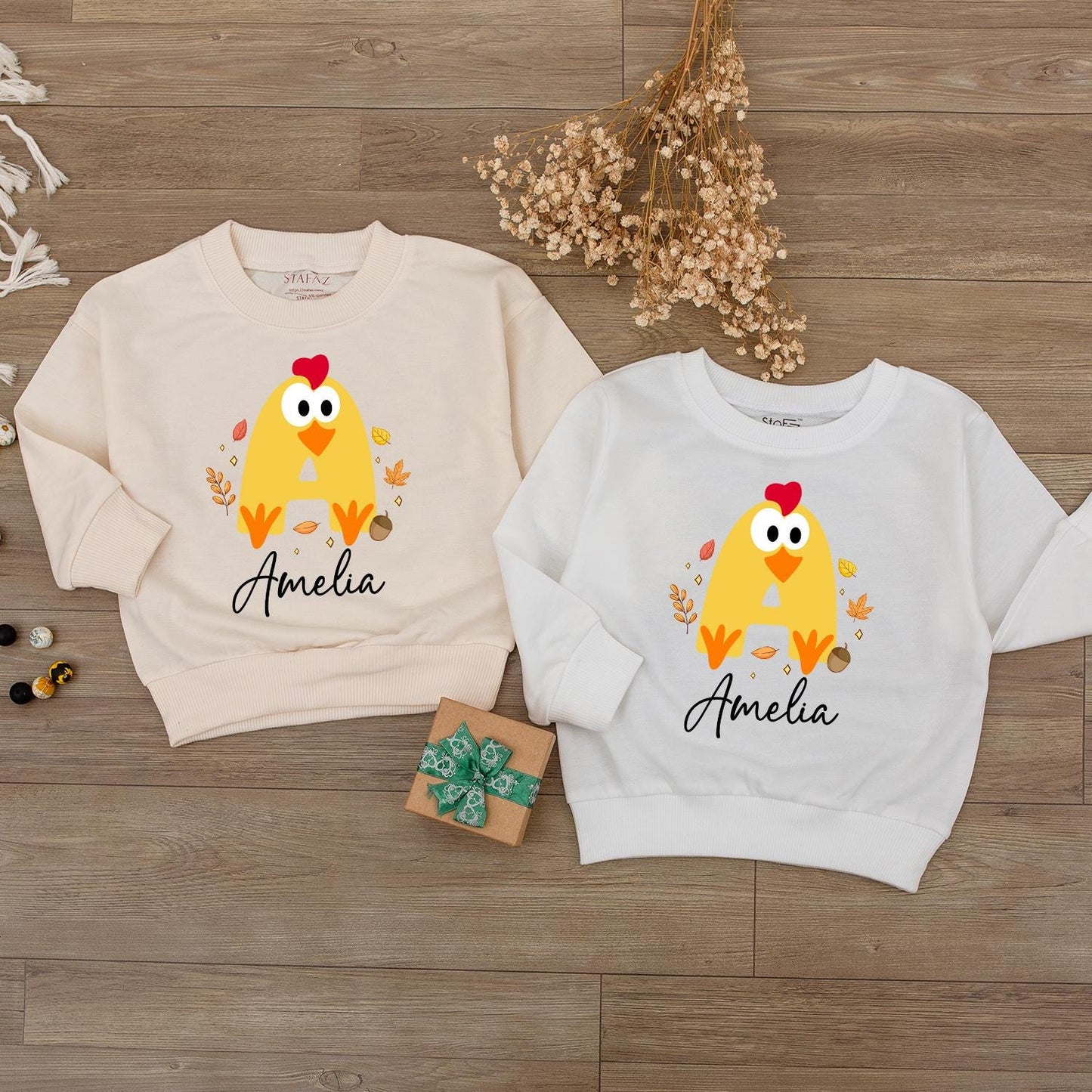 Amelia & Grace Personalized Baby Chick Fall Shirt, Thanksgiving Toddler Tee, Cute Yellow Autumn Outfit, Matching Family Fall Photo