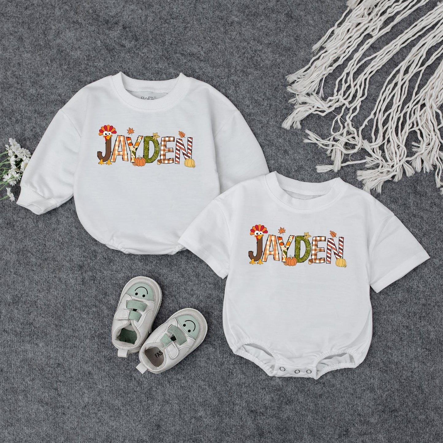Personalized Jayden Thanksgiving Baby Boy Shirt, Fall Turkey & Pumpkin Design, Toddler Autumn Outfit Gift (139 chars)