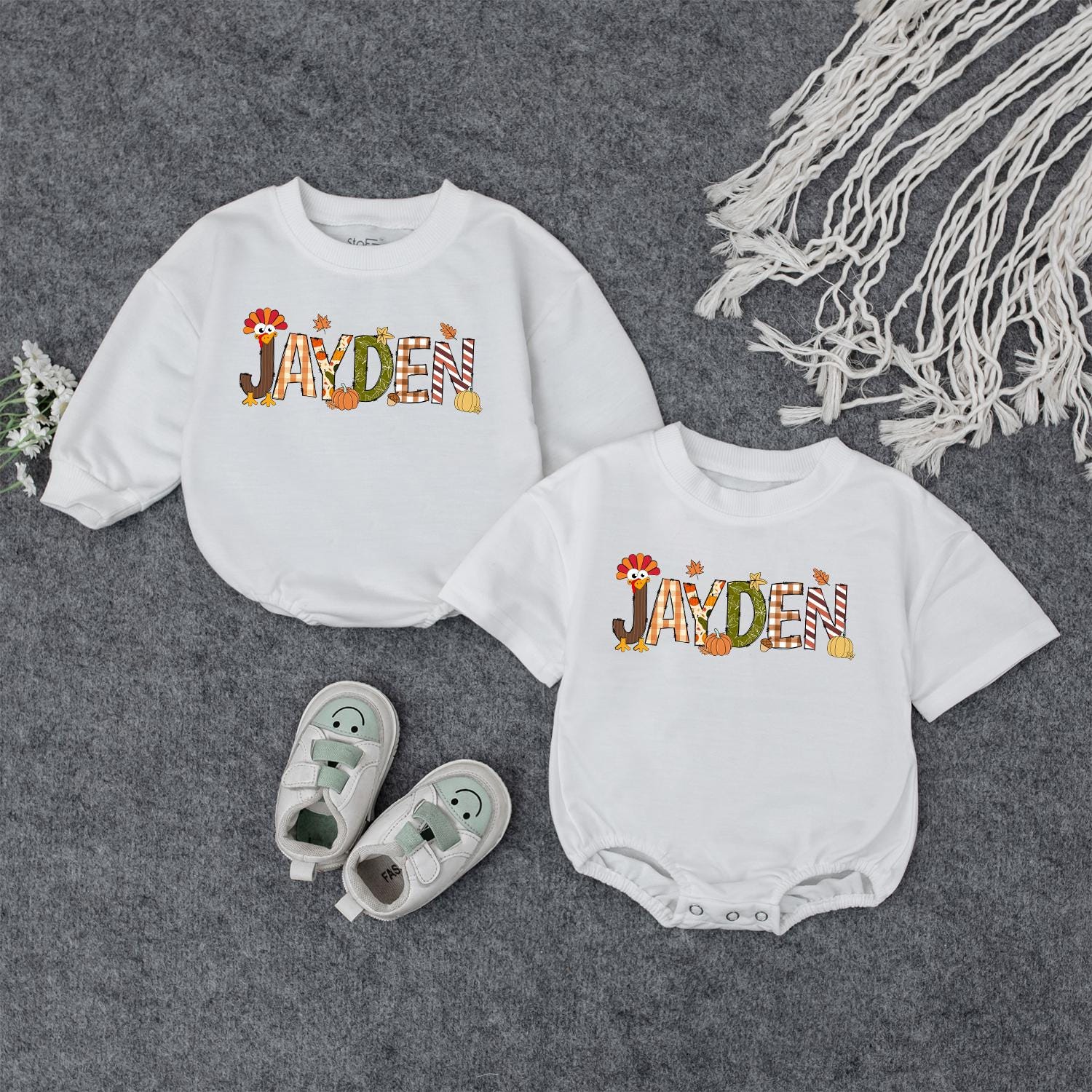 Personalized Jayden Thanksgiving Baby Boy Shirt, Fall Turkey & Pumpkin Design, Toddler Autumn Outfit Gift (139 chars)