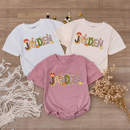 Personalized Jayden Thanksgiving Baby Boy Shirt, Fall Turkey & Pumpkin Design, Toddler Autumn Outfit Gift (139 chars)