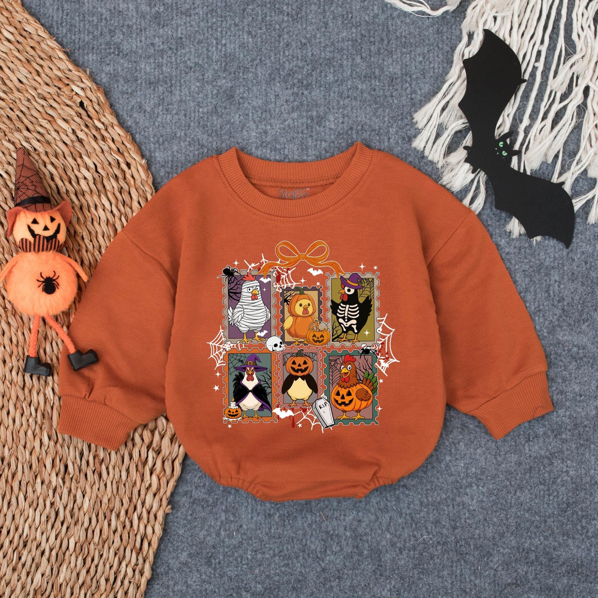 Chick or Treat Halloween Baby Romper Spooky Chicken Cartoon Illustrations Festive Orange Purple Green Black White Cute Halloween Gift Idea