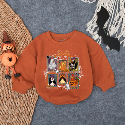 Chick or Treat Halloween Baby Romper Spooky Chicken Cartoon Illustrations Festive Orange Purple Green Black White Cute Halloween Gift Idea