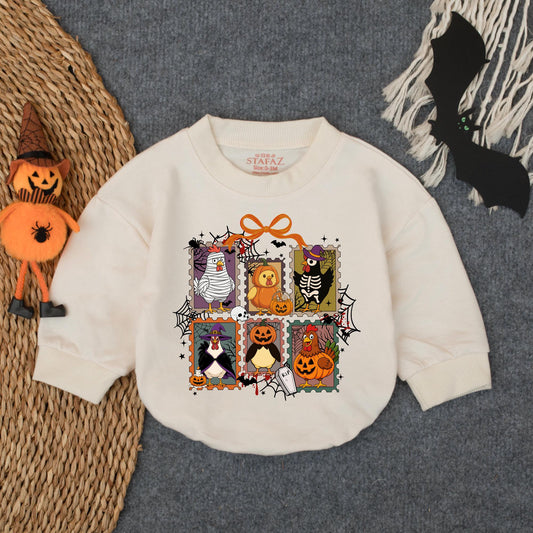 Chick or Treat Halloween Baby Romper Spooky Chicken Cartoon Illustrations Festive Orange Purple Green Black White Cute Halloween Gift Idea