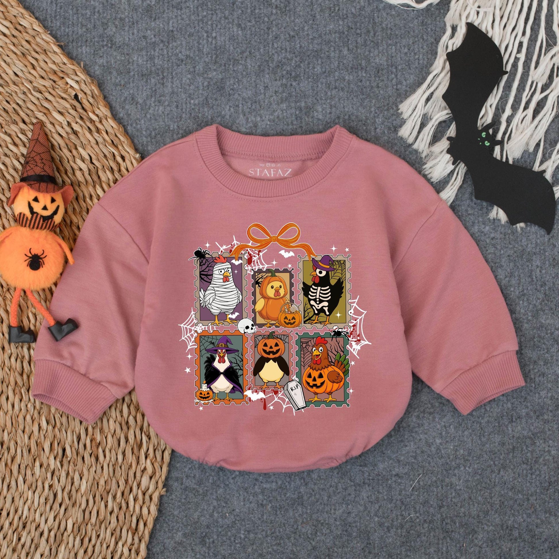 Chick or Treat Halloween Baby Romper Spooky Chicken Cartoon Illustrations Festive Orange Purple Green Black White Cute Halloween Gift Idea