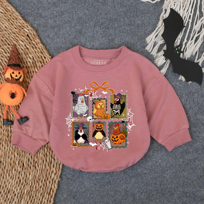Chick or Treat Halloween Baby Romper Spooky Chicken Cartoon Illustrations Festive Orange Purple Green Black White Cute Halloween Gift Idea