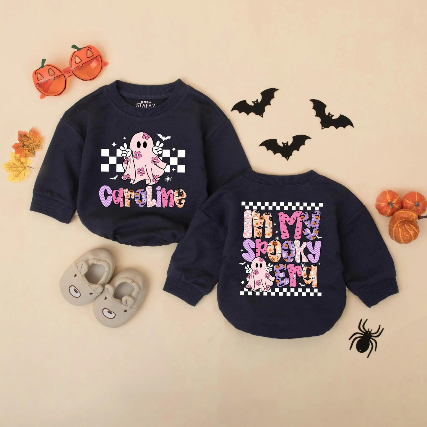 Custom Caroline "In My Spooky Era" Baby Romper Cute Pink Ghost Halloween Toddler Sweatshirt Whimsical Retro Gift