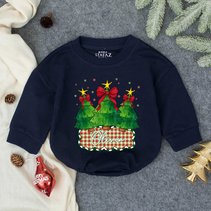 Olivia Custom Christmas Tree Baby Romper with Red Bows & Gold Stars Festive Baby Girl Outfit First Holiday Gift