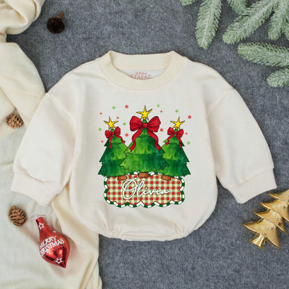 Olivia Custom Christmas Tree Baby Romper with Red Bows & Gold Stars Festive Baby Girl Outfit First Holiday Gift