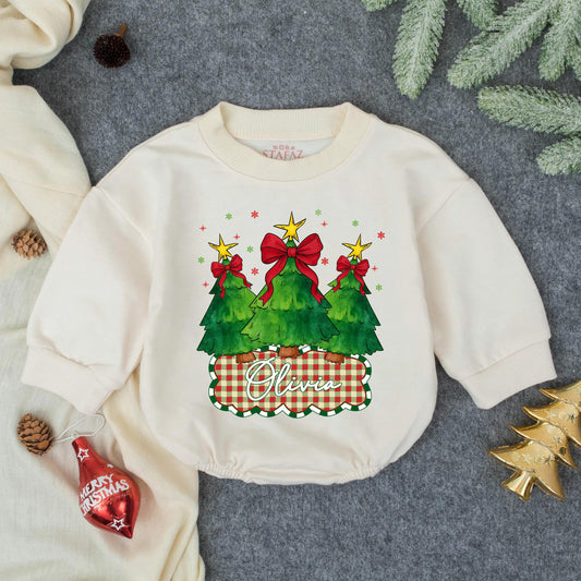 Olivia Custom Christmas Tree Baby Romper with Red Bows & Gold Stars Festive Baby Girl Outfit First Holiday Gift