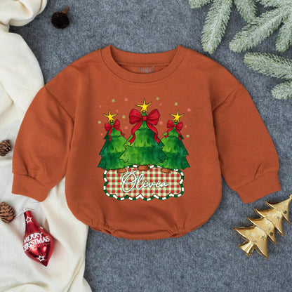Olivia Custom Christmas Tree Baby Romper with Red Bows & Gold Stars Festive Baby Girl Outfit First Holiday Gift