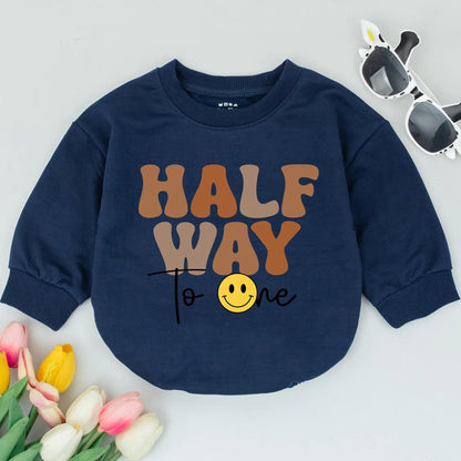 Half Way To One Smiley Face Baby Romper, 6th Month Birthday Celebration Outfit, Chunky Retro Font Design Boy Bodysuit Soft Cotton Baby Shower Gift