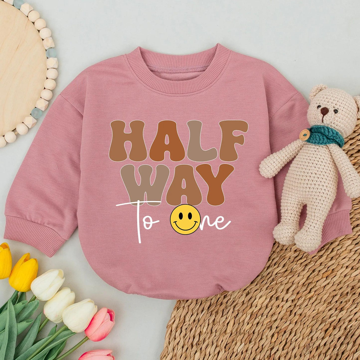Half Way To One Smiley Face Baby Romper, 6th Month Birthday Celebration Outfit, Chunky Retro Font Design Boy Bodysuit Soft Cotton Baby Shower Gift