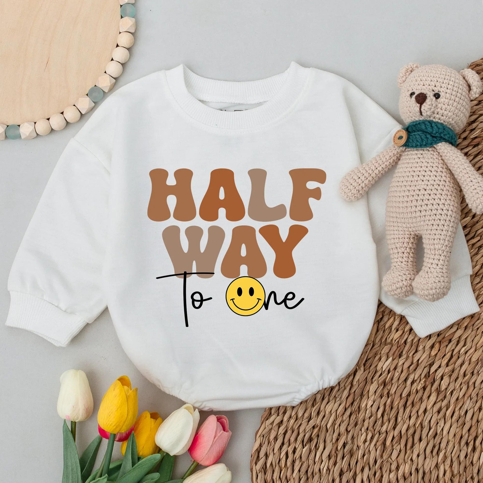 Half Way To One Smiley Face Baby Romper, 6th Month Birthday Celebration Outfit, Chunky Retro Font Design Boy Bodysuit Soft Cotton Baby Shower Gift