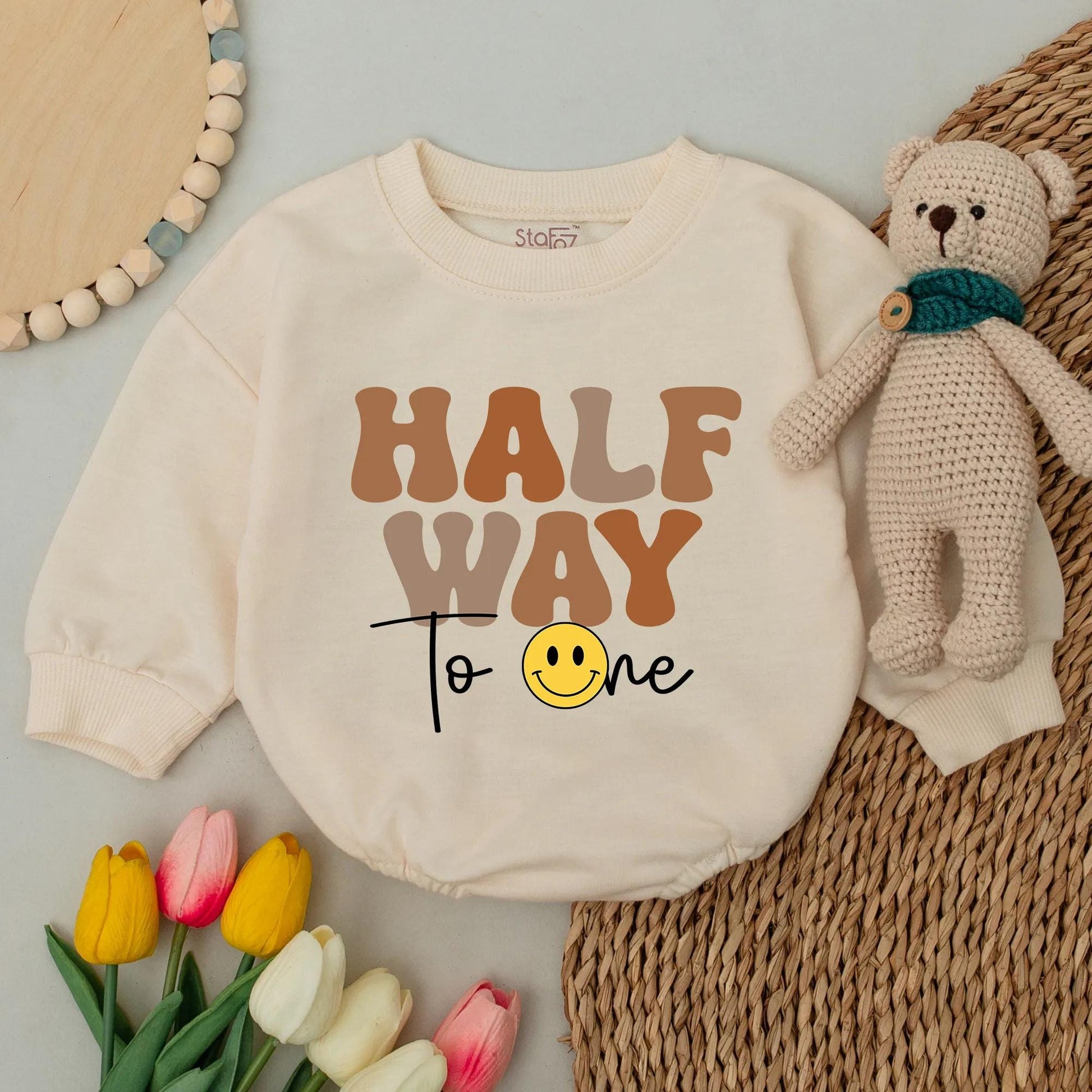 Half Way To One Smiley Face Baby Romper, 6th Month Birthday Celebration Outfit, Chunky Retro Font Design Boy Bodysuit Soft Cotton Baby Shower Gift
