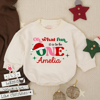 Baby's "Oh What Fun It Is To Be ONE" Bubble Romper Personalized Santa Hat Christmas Birthday Outfit