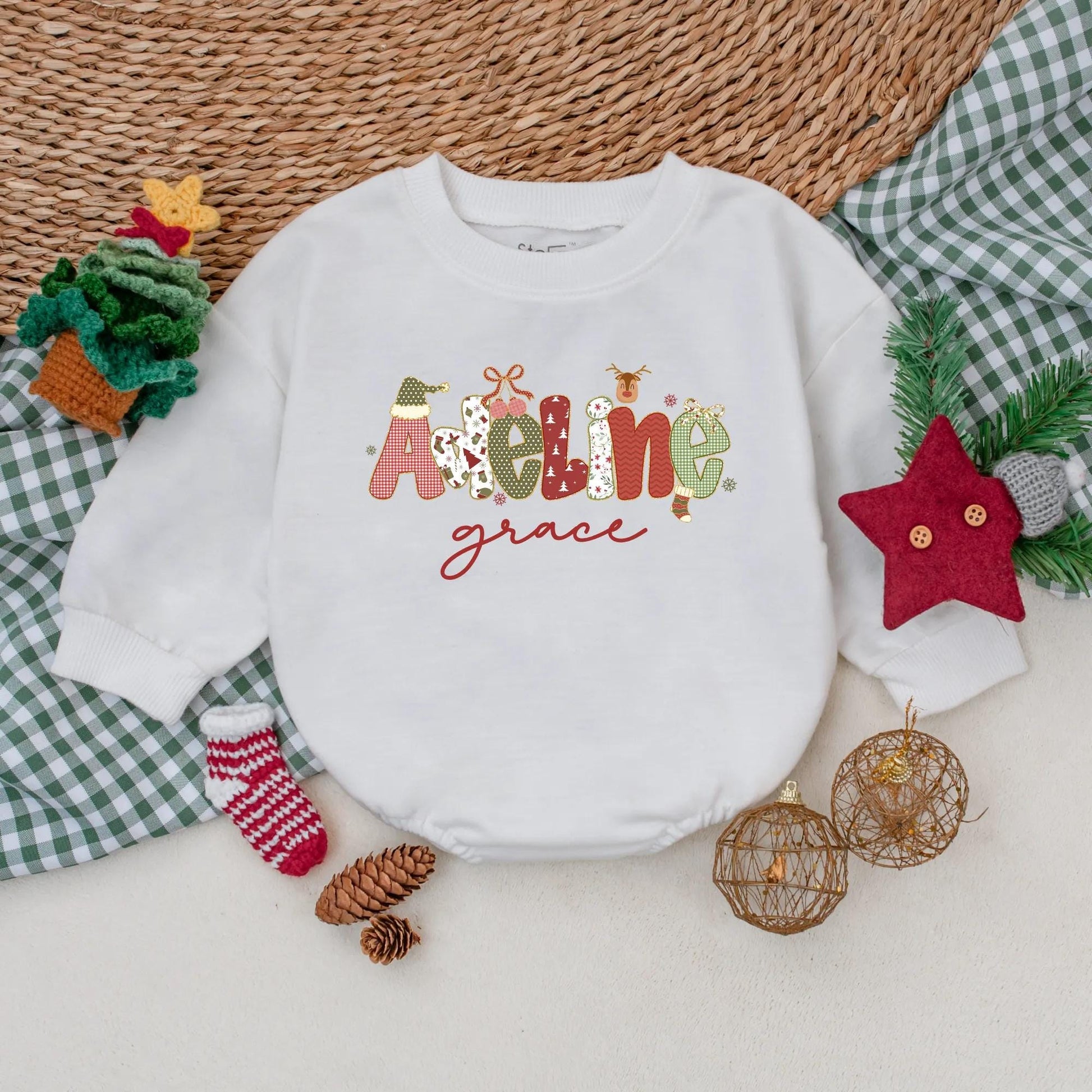 Personalized Christmas Name Bubble Romper Baby Girl Outfit Adeline Grace Festive Red Green White Design Snowflakes Reindeer Toddler Sweatshirt Winter Gift