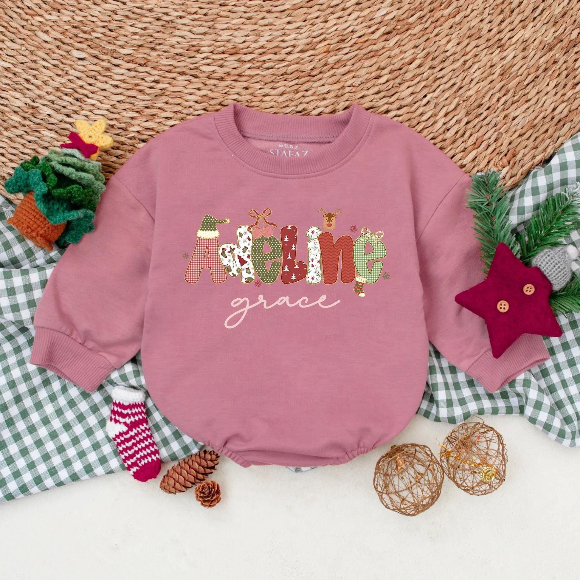 Personalized Christmas Name Bubble Romper Baby Girl Outfit Adeline Grace Festive Red Green White Design Snowflakes Reindeer Toddler Sweatshirt Winter Gift