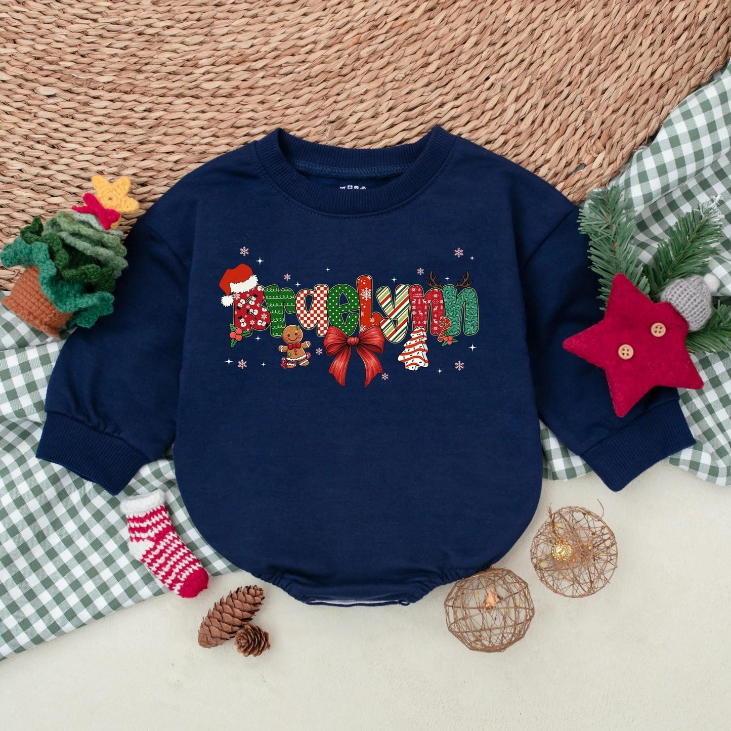 Personalized Christmas Bow Romper Baby's First Christmas Outfit Custom Name Red Ribbon Stars & Festive Letters Holiday Gift