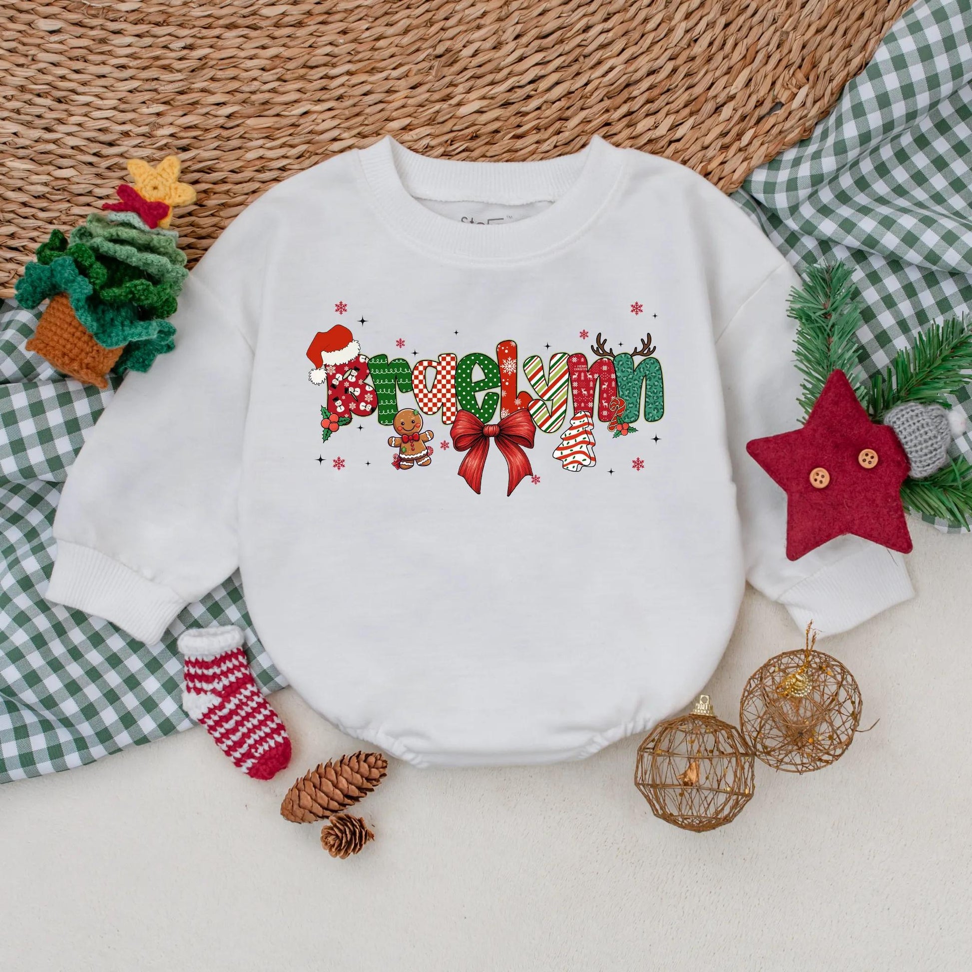 Personalized Christmas Bow Romper Baby's First Christmas Outfit Custom Name Red Ribbon Stars & Festive Letters Holiday Gift