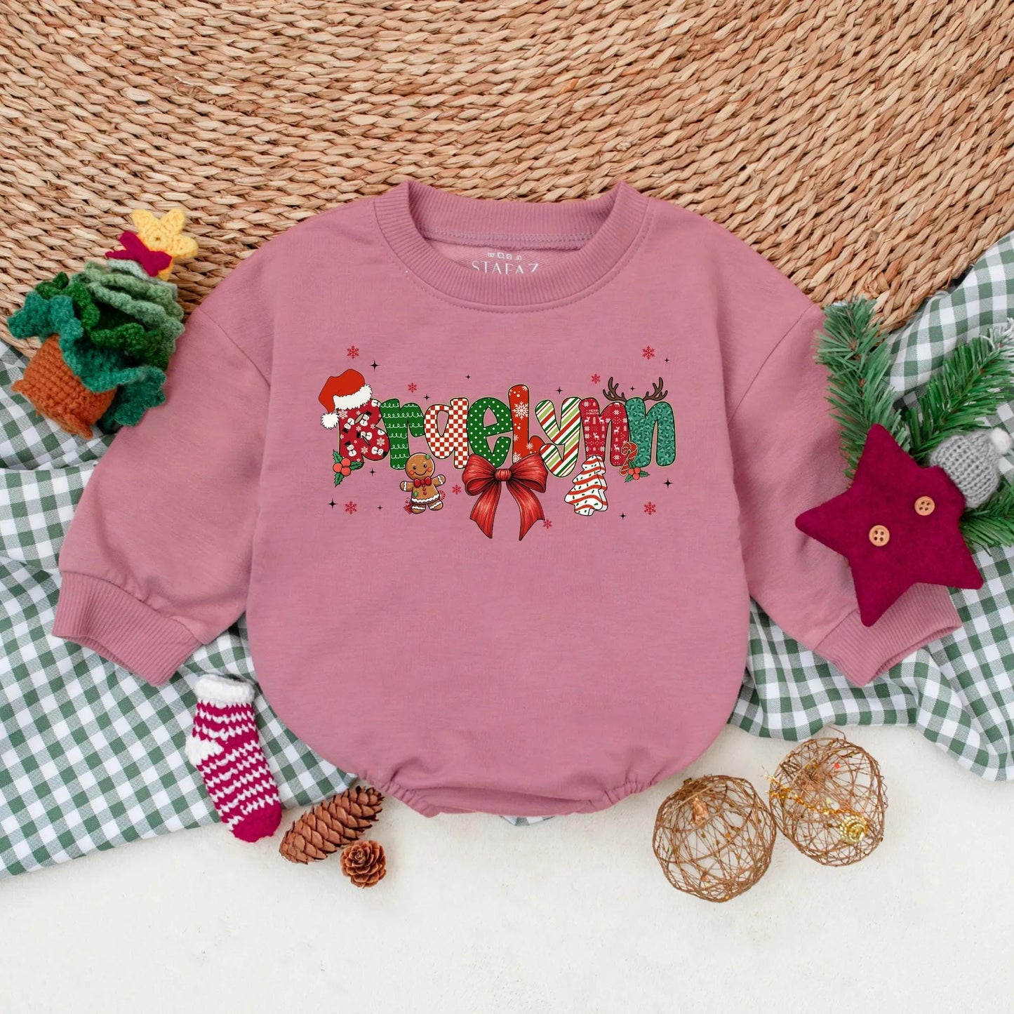 Personalized Christmas Bow Romper Baby's First Christmas Outfit Custom Name Red Ribbon Stars & Festive Letters Holiday Gift