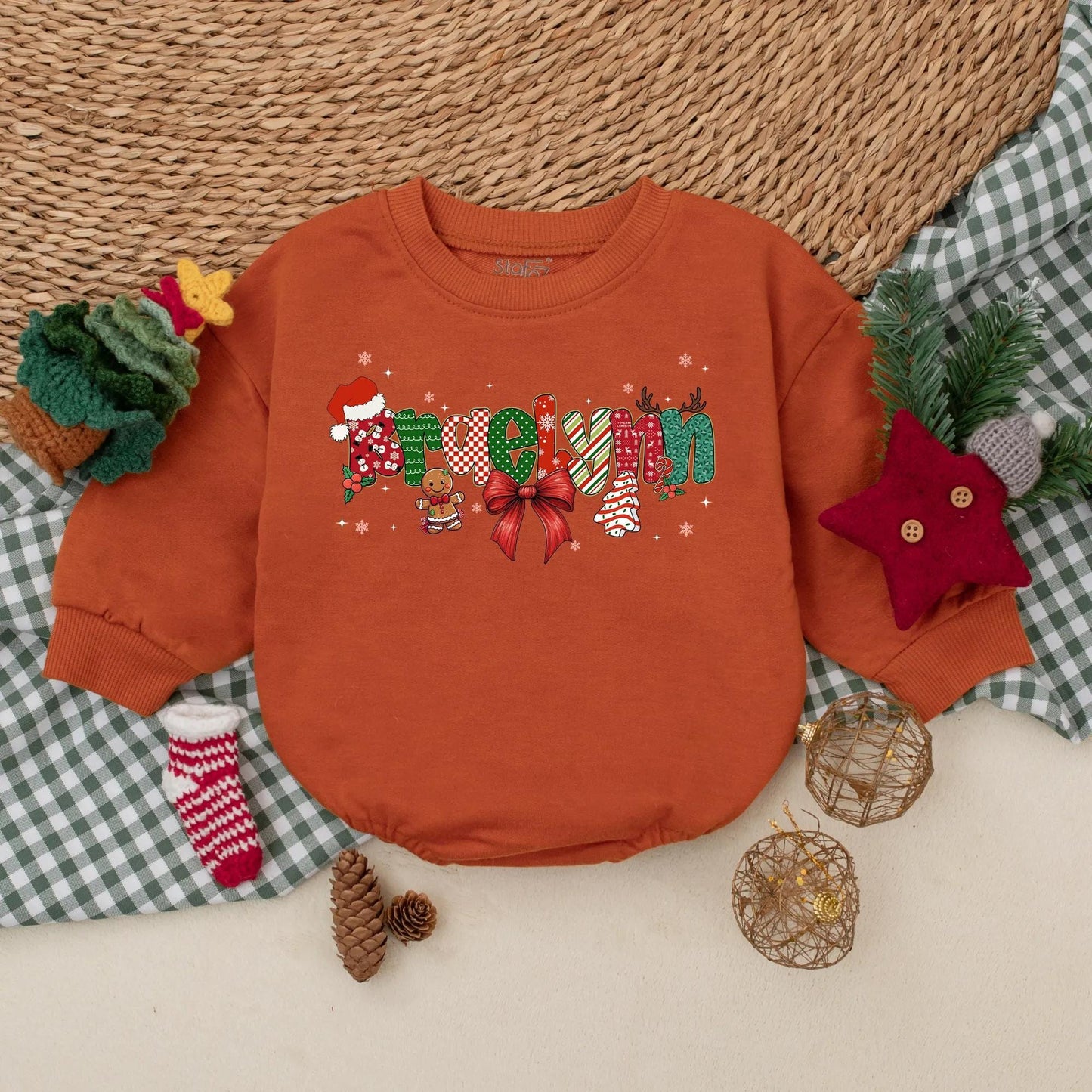 Personalized Christmas Bow Romper Baby's First Christmas Outfit Custom Name Red Ribbon Stars & Festive Letters Holiday Gift