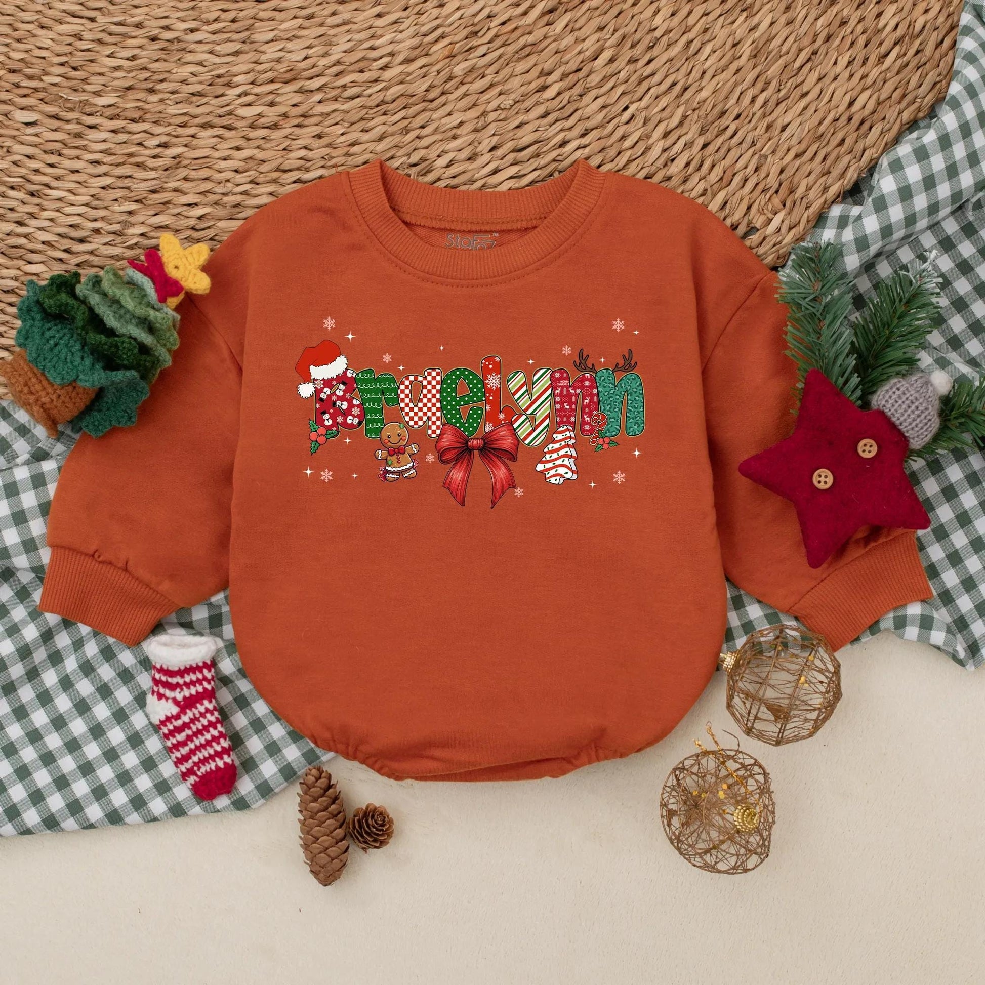 Personalized Christmas Bow Romper Baby's First Christmas Outfit Custom Name Red Ribbon Stars & Festive Letters Holiday Gift