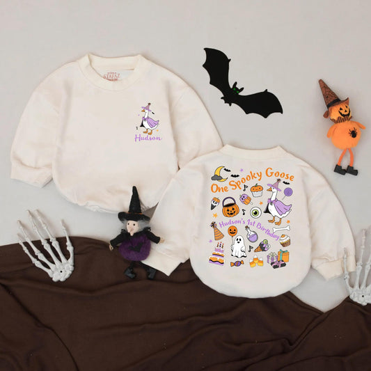 Spooky Goose 1st Birthday Romper: Custom Hudson Halloween Outfit, Funny Fall Baby Clothes, Witch Goose Bodysuit, Orange, Purple & Black Design (138 chars)