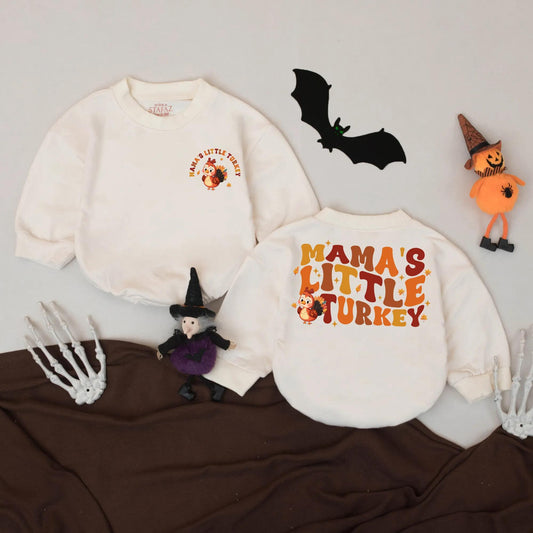 Mama's Little Turkey Baby Romper Retro Fall Bodysuit Cute Autumn Turkey Graphic First Thanksgiving Outfit Vintage Playful Baby Gift