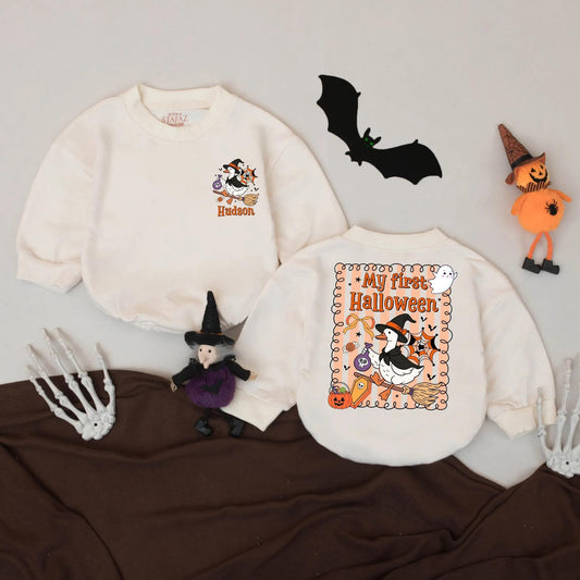 Hudson's First Halloween Cute Cartoon Duck Witch Baby Romper Personalized Name Baby Shower Gift Infant