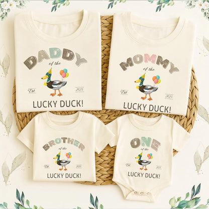 Lucky Duck Family Matching 1st Birthday Shirts: "One of the" Cute Cartoon Duck, Pink & Green Balloons, Fun Family Outfit, First Birthday, Est. 2025