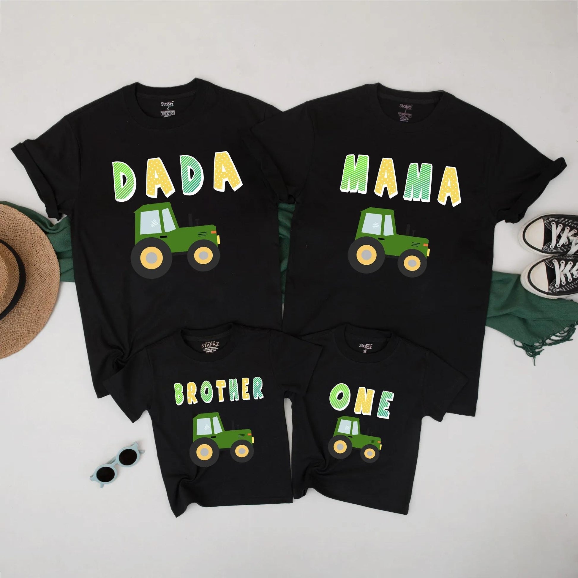Family Truck Birthday Matching Shirts Dada Mama Brother One Outfit Green Tractor Cake Smash First Birthday Clothes