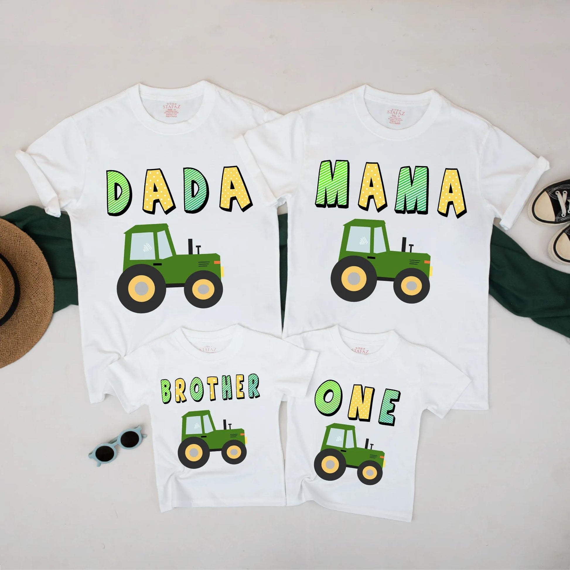 Family Truck Birthday Matching Shirts Dada Mama Brother One Outfit Green Tractor Cake Smash First Birthday Clothes