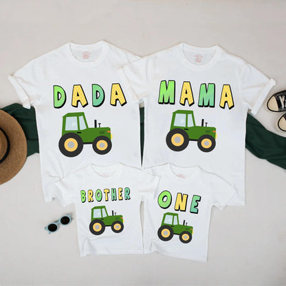 Family Truck Birthday Matching Shirts Dada Mama Brother One Outfit Green Tractor Cake Smash First Birthday Clothes