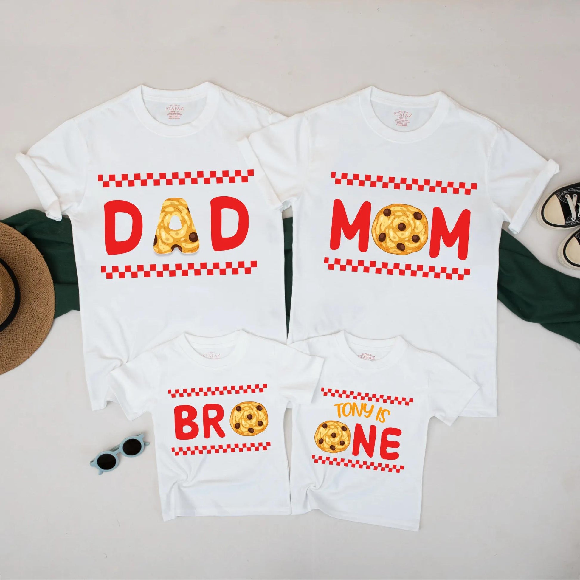 Matching Family Cookie Birthday Shirts Romper with Red Text Cookie Graphics for Mom Dad Bro Baby Tony One First Celebration Soft Cotton
