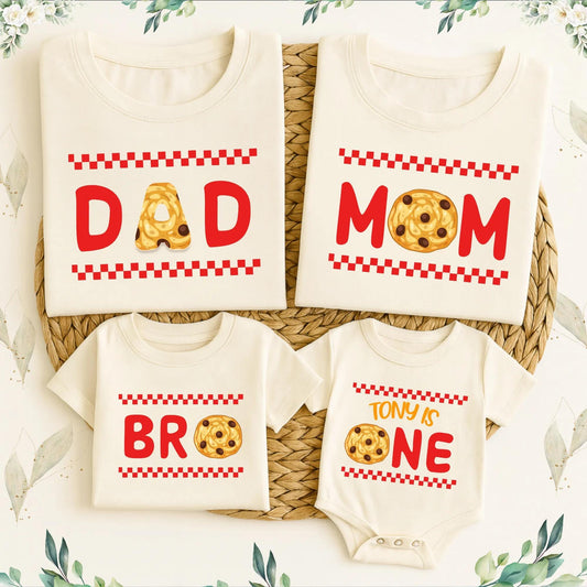 Matching Family Cookie Birthday Shirts Romper with Red Text Cookie Graphics for Mom Dad Bro Baby Tony One First Celebration Soft Cotton