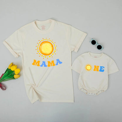 Retro Sunny ONE Birthday Matching Family Shirts, Fun 1st Birthday Romper Outfit, Playful Dada Mama Sister Tees, Yellow Orange Graphic Clothes Set